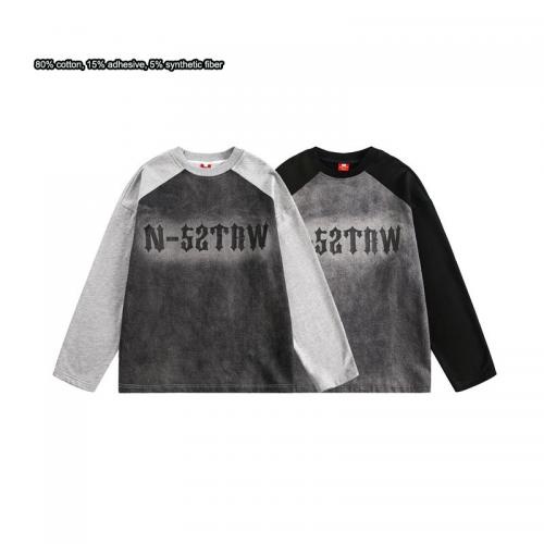 Casual Loose Denim Washed Patchwork Sweatshirts Vintage Top Custom Screen Print Hoodie        